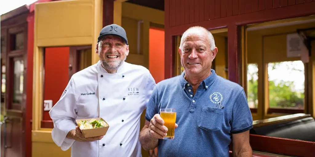 Chef Matt Golinski brewer Graham Kidd launch Off the Rails Ale at Mary Valley Rattler