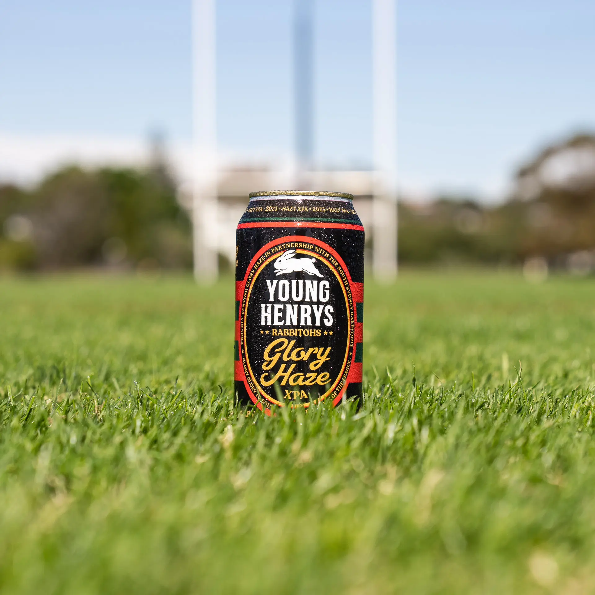 Can of Glory Haze on a football field