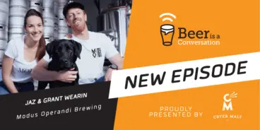 Beer is a Conversation banner with a photo Jaz and Grant Wearin and their dog