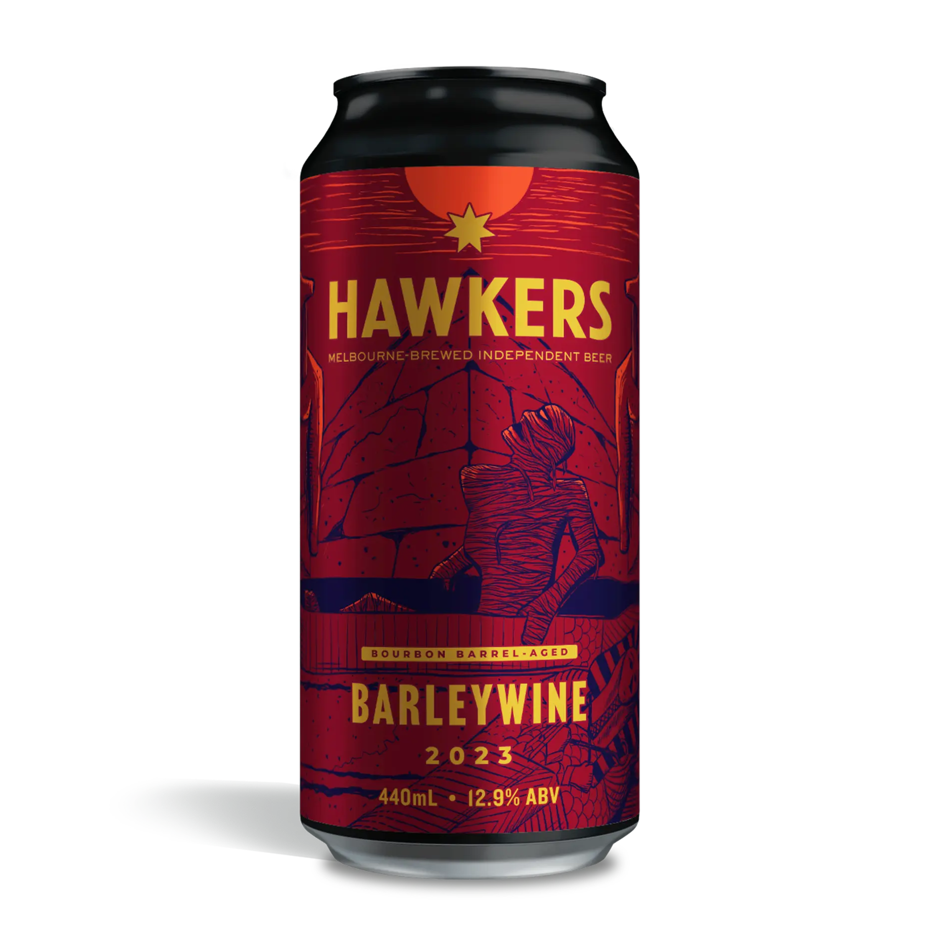 Can of Bourbon Barrel Aged Barelywine by Hawkers Beer