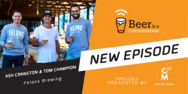Beer is a Conversation banner with a photo of Ash Cranston and Tom Champion from Felons Brewing
