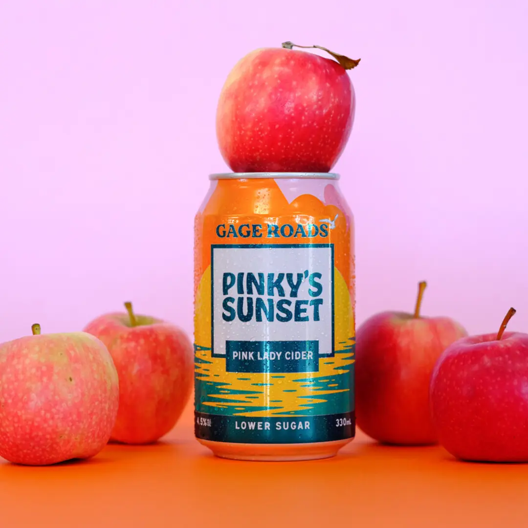 Can of Pinky's Sunset by Gage Roads Brew Co surrounded by apples