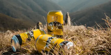 Three cans of Bright Brewery's Any Day XPA with grass and mountains
